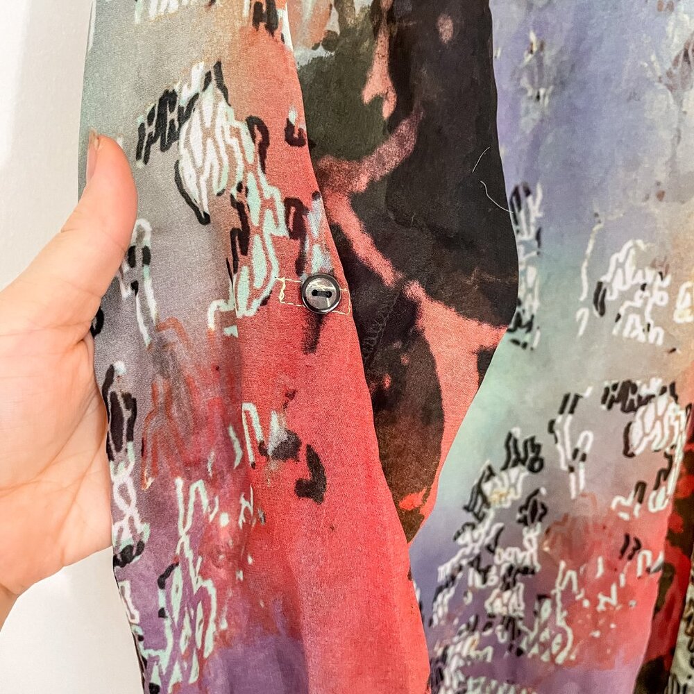 Abstract Multi-Color Sheer Button-Front Blouse - Picture 8 of 10
